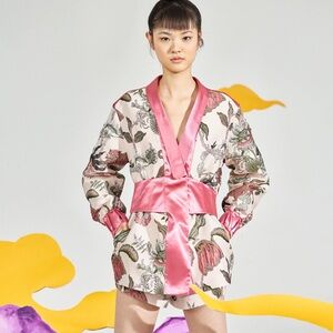 Pink Chinoiserie Satin-Trimmed Kimono Blazer and Matching Shorts